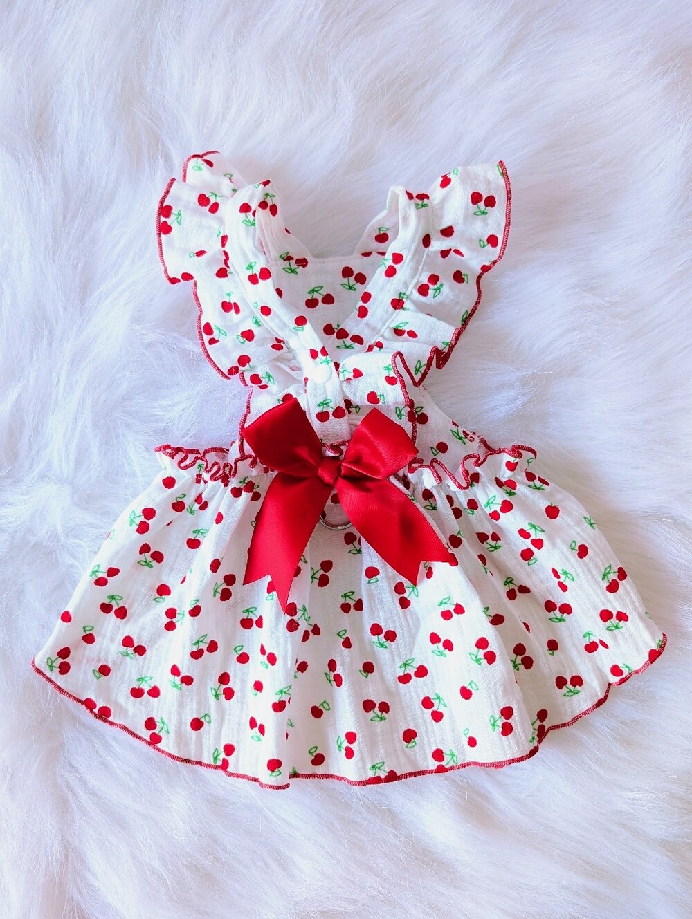 CuteBone, Dog Dress, White Cherries, Red Bow, Medium, New